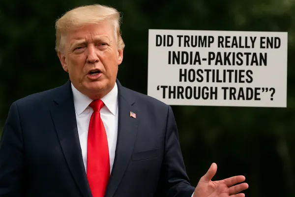 Donald Trump speaking with a sign questioning if he ended India-Pakistan hostilities through trade.