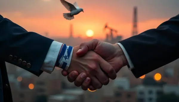 Symbolic handshake representing the ceasefire Iran Israel with Middle Eastern cityscape and peace dove.