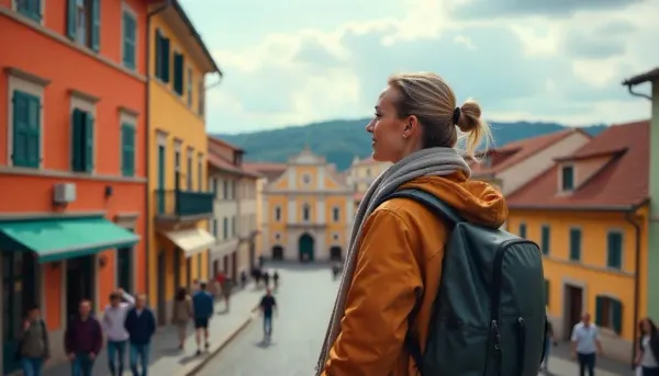 Solo woman traveler with a backpack exploring colorful European streets