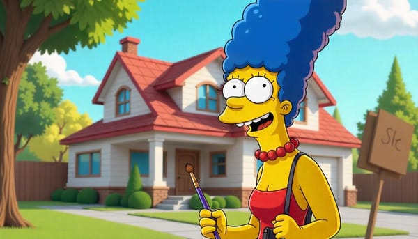 Marge Simpson with her iconic blue hair in front of the Simpson house, showcasing The Simpsons Marge Simpson’s vibrant person