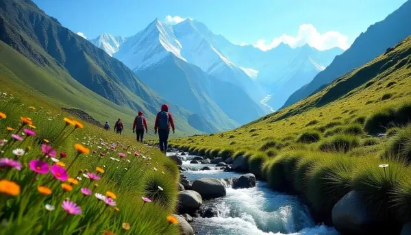 Trekkers on a scenic Himalayan trail during mountain treks in India.