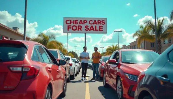 Group browsing cheap cars for sale at a car lot with Toyota Corolla and Honda Civic.