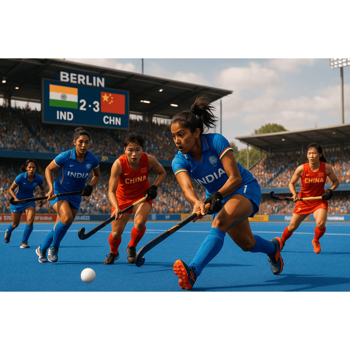 Indian women’s hockey team in action during FIH Pro League relegation match against China.