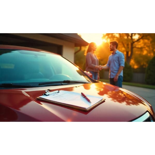 Person selling a used car privately with paperwork, following a step-by-step guide to selling a used car privately.