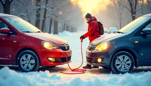 Step-by-step guide to jumpstarting a car for beginners, showing cables connected in cold weather.