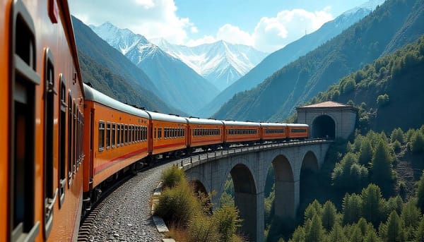 Katra–Srinagar Vande Bharat Express crossing Chenab Bridge, showcasing rail tourism in Jammu & Kashmir.