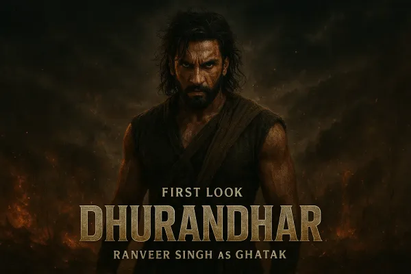 Ranveer Singh in an intense pose with the text "Ghayal Hoon Isliye Ghatak Hoon" overlaid, promoting his first look in Dhurand