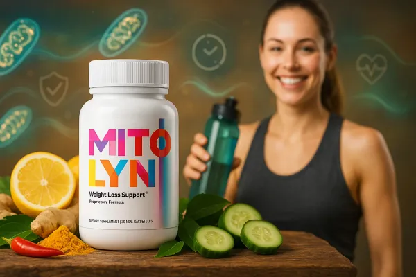 Mitolyn supplement bottle with natural herbs and healthy woman showing proven results