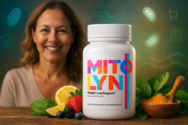 Mitolyn supplement bottle with natural ingredients and glowing wellness icons
