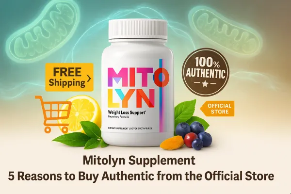 Mitolyn supplement bottle with authenticity badge and free shipping icon from official store