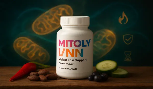 Mitolyn supplement bottle with glowing mitochondria visuals symbolizing fat loss power