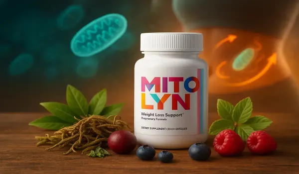 Mitolyn weight loss supplement bottle with natural herbs, berries, and leaves for fat burning and energy support.