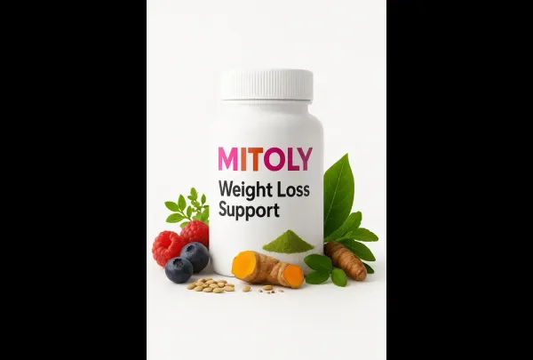 A white Mitolyn supplement bottle with a colorful modern label design, placed against a soft blue background