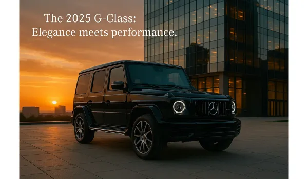 2025 Mercedes Benz G Class for sale parked in front of skyscraper at sunset.
