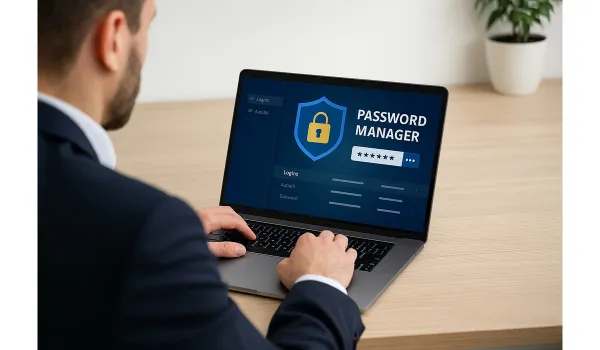 Busy professional using a password manager on laptop to secure accounts.