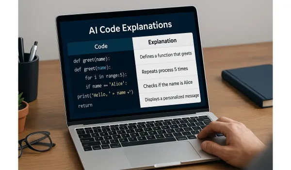 AI tool generating simple code explanations for non-developers on a laptop.