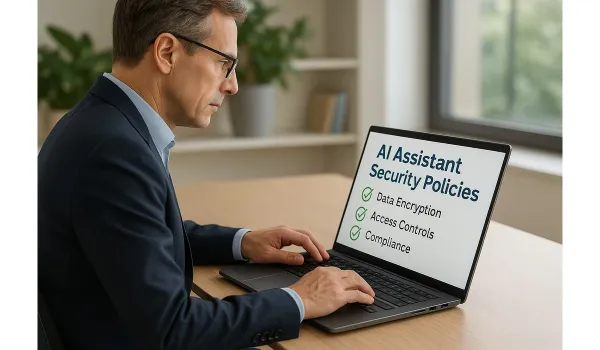 Business team using AI assistants sensitive company data with data privacy alerts visible.