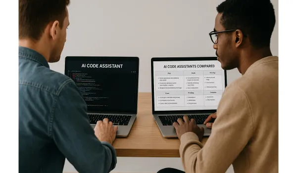 Developers using AI code assistants on laptops with side-by-side comparisons on screen