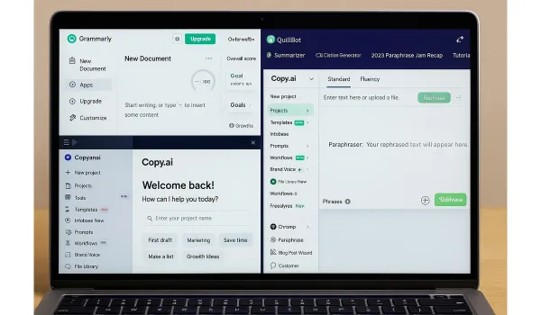 AI writing tools displayed on laptop screen for beginners.