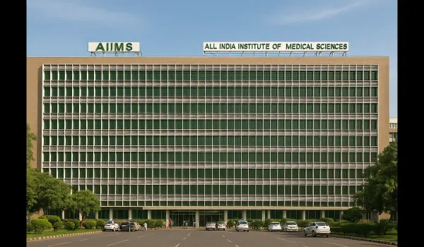 AIIMS Delhi hospital building front view.