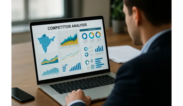 Business professional using AI competitor research tools on laptop with charts and dashboards.