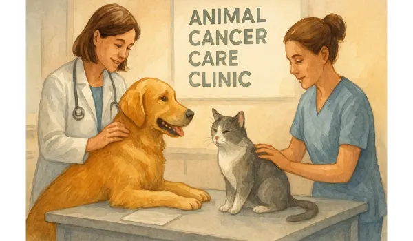 Veterinarian and nurse caring for dog and cat at Animal Cancer Care Clinic, watercolor illustration.
