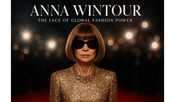 Anna Wintour wearing a gold sequin dress and statement necklace, posing with sunglasses on the red carpet.