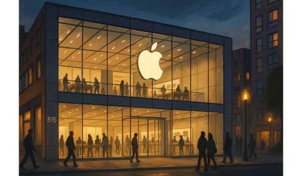 Editorial illustration of Apple Store Boston at 815 Boylston Street with glowing glass façade and customers inside.