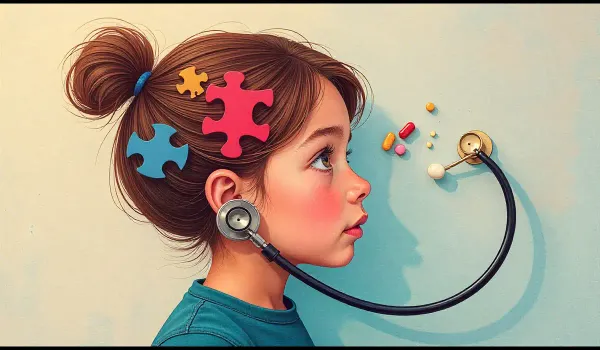 Autism medication concept with puzzle piece, stethoscope, and pills