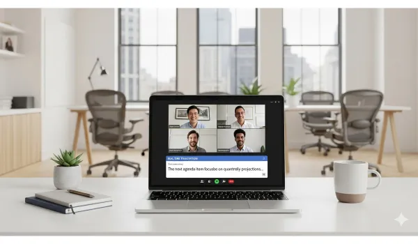 Laptop displaying live : best tools to auto transcribe meetings during an online meeting in a modern office.