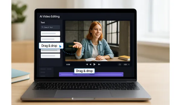 Beginner using best-ai-tools-video-editing software on laptop.