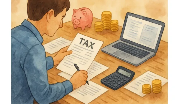Watercolor illustration of a person calculating Save Money on Taxes with documents, calculator, laptop, and piggy bank on a d