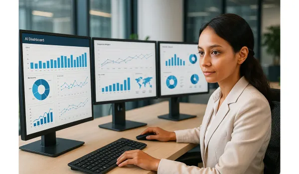 Business analyst using AI data analysis tools without coding.