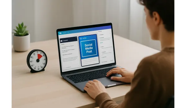 Content creator speeding up workflow with AI tools on laptop