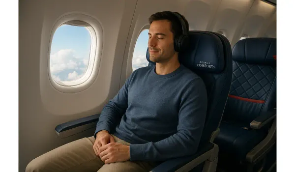Passenger enjoying the best seat on Delta Airlines in Comfort+ with window view.