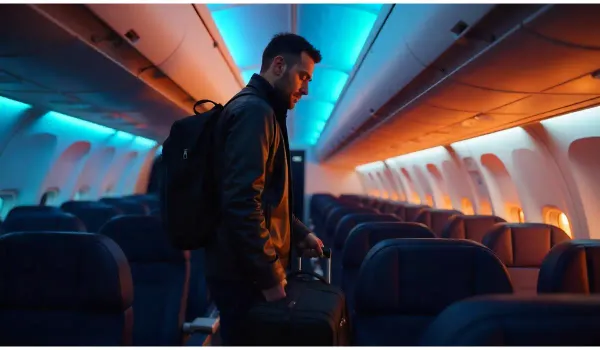 Traveler stowing carry-on under Delta Airlines baggage policy guidelines.