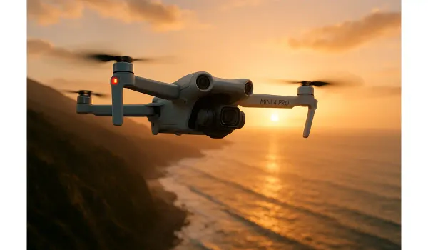 DJI Mini 4 Pro drone flying above coastline