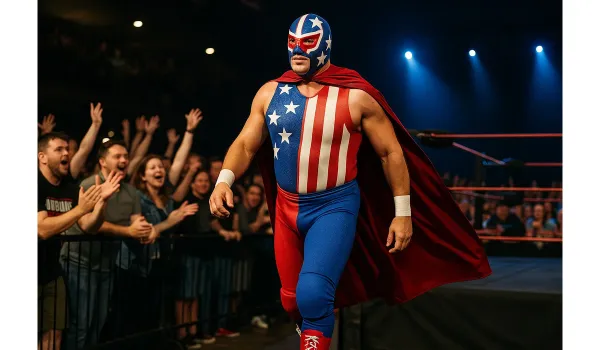El Grande Americano wrestler making a dramatic entrance in costume.