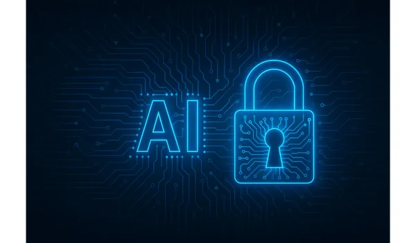 AI privacy risks concept with digital lock and circuit lines in background.