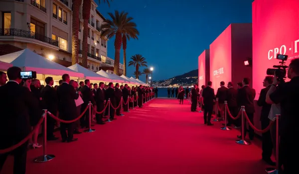 A glamorous red carpet event in 2025 with photographers and movie premiere banners