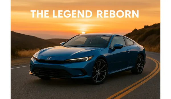 2025 Honda Prelude hybrid coupe at sunset on scenic road.