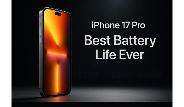 Ultra-realistic New iPhone 17 Pro Details on Apple event stage with brighter display, titanium frame, and glowing “Best Batte
