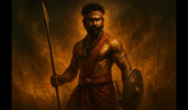 Epic hero illustration of Rishab Shetty from Kantara Chapter 1 trailer
