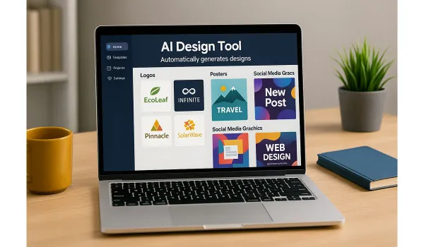 AI design tool generating logos and graphics on a laptop screen.