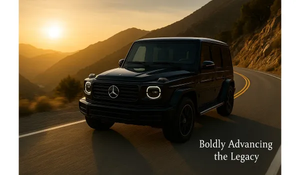                        Mercedes Benz G Class 2025 climbing mountain pass at sunset.