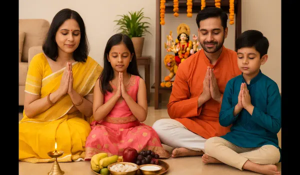 A family performing Navratri puja with fasting thali