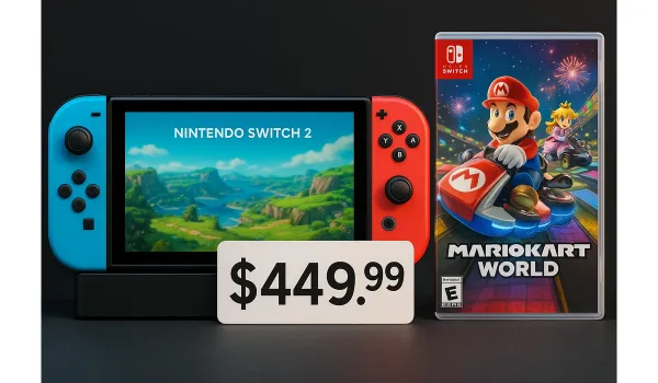How Much Is the Nintendo Switch 2 with Joy-Con 2 and Mario Kart World bundle showing $449.99 price tag.