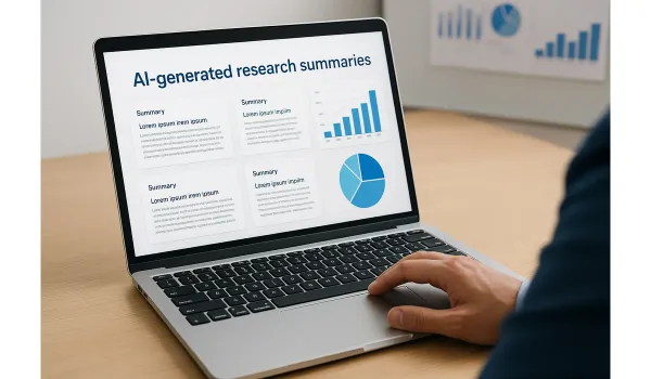 Professional using AI-powered research tool to condense reports.