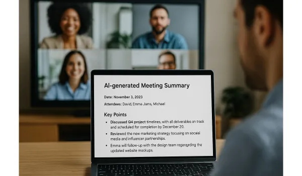Team reviewing AI-generated meeting notes on a laptop.