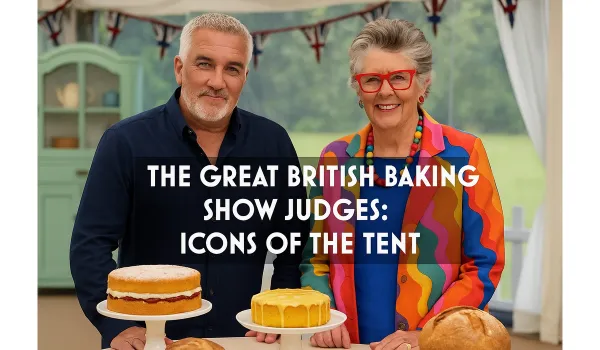 Paul Hollywood and Prue Leith smiling inside the baking tent with desserts.
